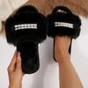 Rhinestone Open Toe Flats Slippers - Black