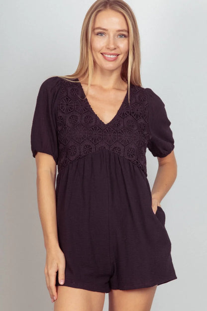 VERY J Lace Detail Puff Sleeve Romper with Pockets - Farnelli