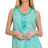 Zenana Washed Half-Button Raw Edge Sleeveless Henley Top - TURQUOISE