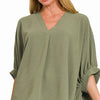 Zenana Woven Airflow V-neck Puff Half Sleeve Top - LT OLIVE