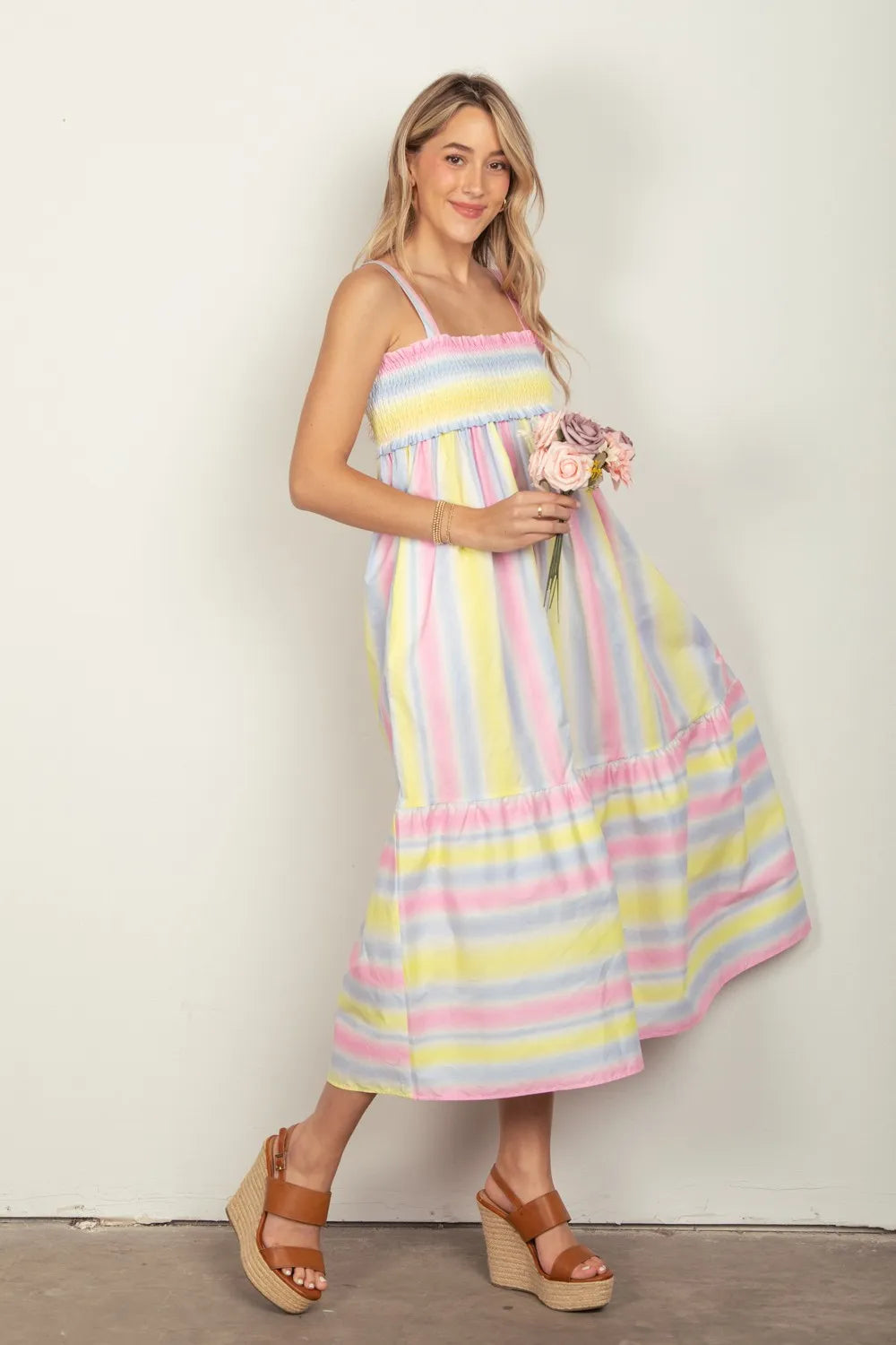 VERY J Striped Woven Smocked Midi Cami Dress - Farnelli