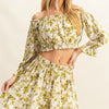 HYFVE Floral Off-Shoulder Flounce Sleeve Top and Skirt Set - Yellow-Green