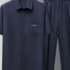 Men's Full Size Button Up Short Sleeve Top and Pants Set Plus Size - Navy