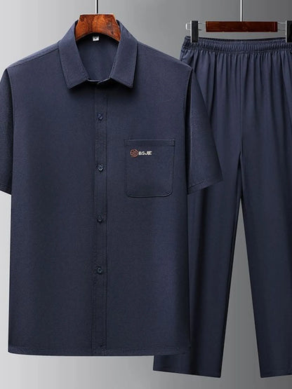 Men's Full Size Button Up Short Sleeve Top and Pants Set Plus Size - Farnelli