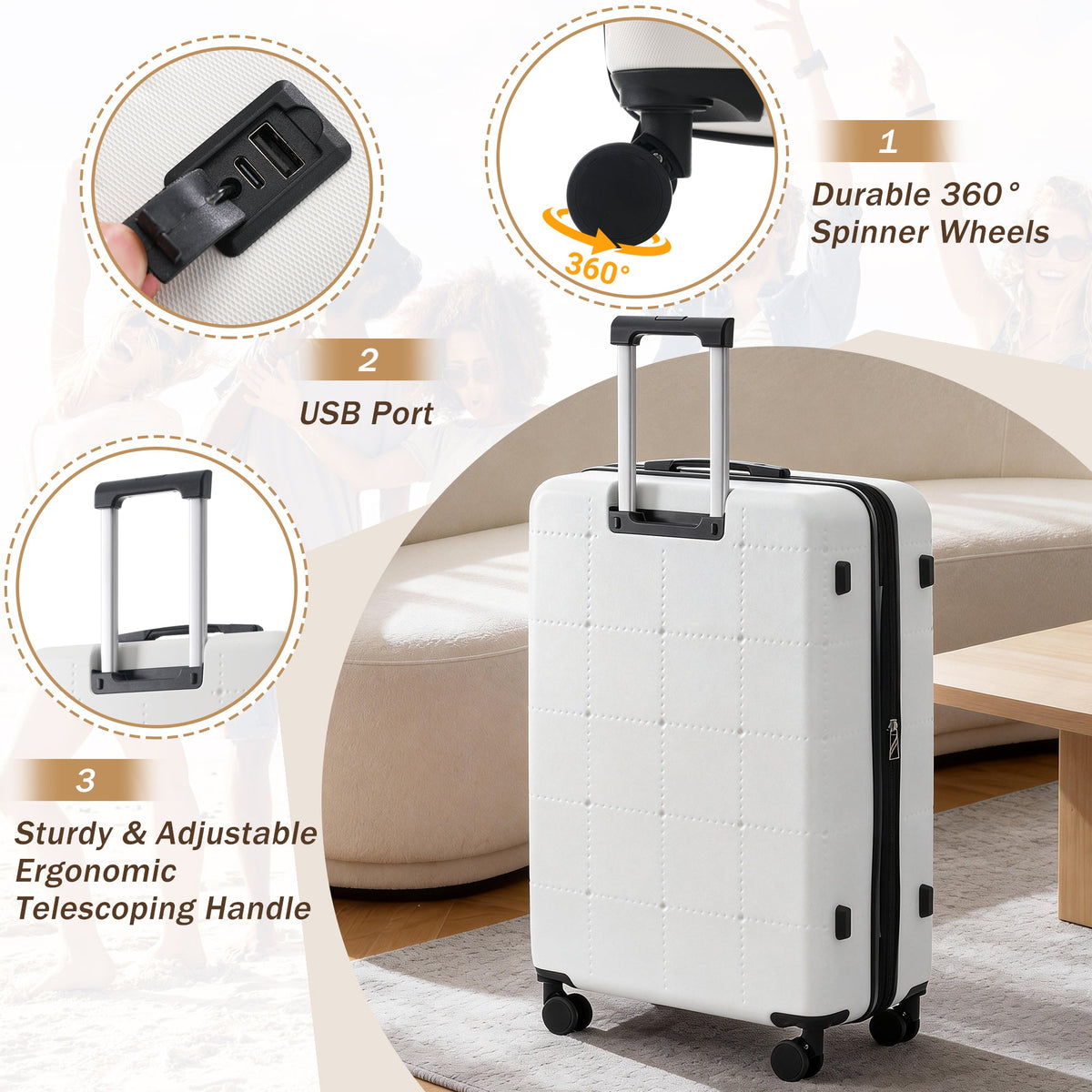 HouseOfZazla 5-piece black hardside luggage set with USB port and spinner wheels