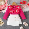 Children's Floral Applique Ribbed Top & Button Decor Skirt Set - Deep Rose