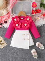 Children's Floral Applique Ribbed Top & Button Decor Skirt Set - Farnelli