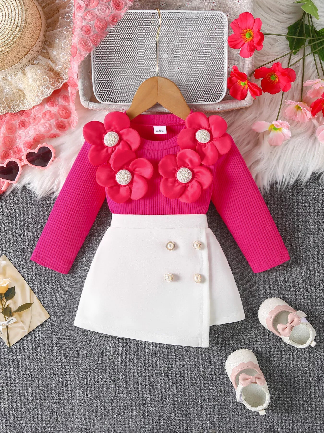 Children's Floral Applique Ribbed Top & Button Decor Skirt Set - Farnelli
