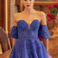 Juliet 909 Short A-Line Glitter Print Dress Removable Short Puff Sleeves