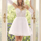 Juliet 909 Short A-Line Glitter Print Dress Removable Short Puff Sleeves