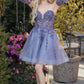Juliet 909 Short A-Line Glitter Print Dress Removable Short Puff Sleeves