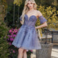 Juliet 909 Short A-Line Glitter Print Dress Removable Short Puff Sleeves