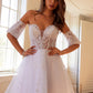 Juliet 909 Short A-Line Glitter Print Dress Removable Short Puff Sleeves
