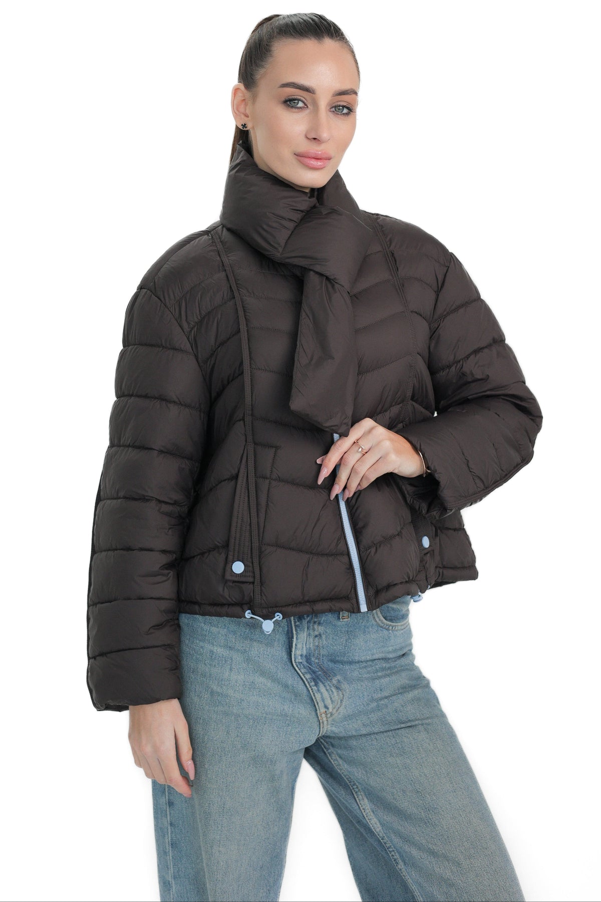 Alaska® Outerwear lightweight transitional jacket with detachable scarf, shown in a neutral color with a stylish collar and functional design.