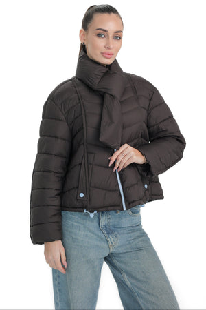 Alaska® Outerwear lightweight transitional jacket with detachable scarf, shown in a neutral color with a stylish collar and functional design.
