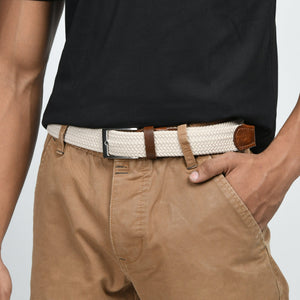 Cream and brown braided canvas leather belt with metal buckle, stylish leather belt by Classy Leather Bags.
