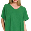 Zenana Ribbed V-Neck Short-Sleeve Knit Top - K GREEN