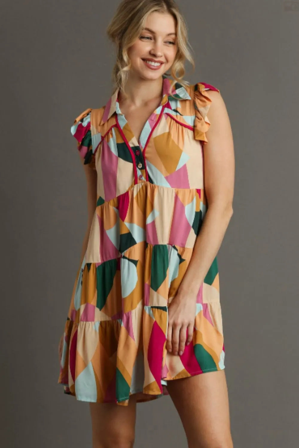 Umgee Full Size Button Detail Ruffle Sleeve Mini Dress Plus Size - Farnelli