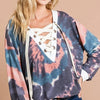BiBi Tie Dye Deep V-Neck Top with Lace Up Front - TIE DYE