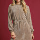 Umgee Velour Drawstring Mini Dress with Long Sleeves - Farnelli