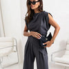Slit Ruched Top and Wide Leg Pants Set - Dark Gray