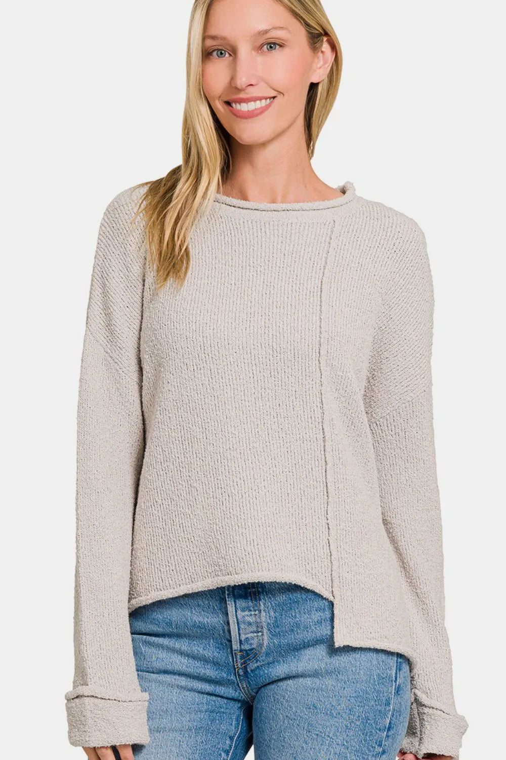 Zenana Asymmetric Hem Drop Shoulder Sweater - Farnelli