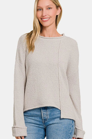 Zenana Asymmetric Hem Drop Shoulder Sweater - Farnelli