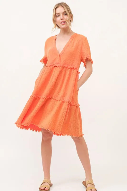 And The Why Washed Frayed Detail Tiered Dress - Farnelli