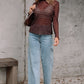 Ruth Sheer Mesh Patterned Lettuce Trim Top - Farnelli