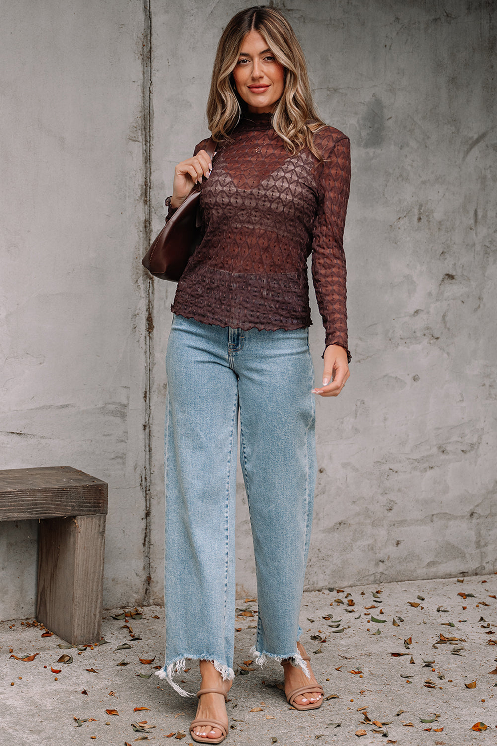 Ruth Sheer Mesh Patterned Lettuce Trim Top - Farnelli