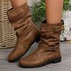 Mid-Calf Buckle Strap Boots - Brown