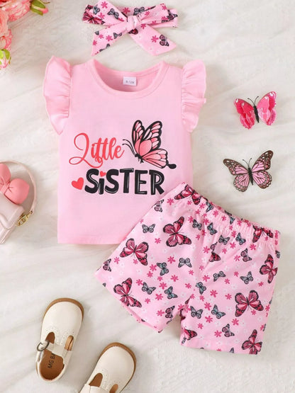 Children's Little Sister Butterfly Print Ruffle Trim Set - Farnelli