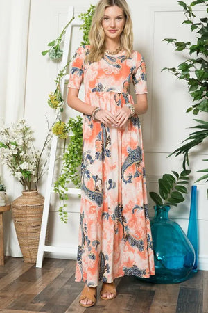 Celeste Paisley Print Short Sleeve Maxi Dress with Pockets - Farnelli