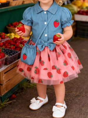 Children's Strawberry Short Sleeve Top and Skirt Set with Bag - Farnelli
