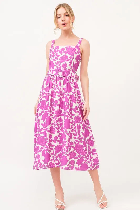 And The Why Square Neck Belted Floral Printed Midi Dress - Farnelli
