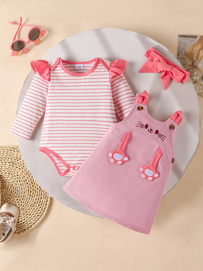 Children's Ruffled Trim Bodysuit and Dress Set with Headband - Farnelli