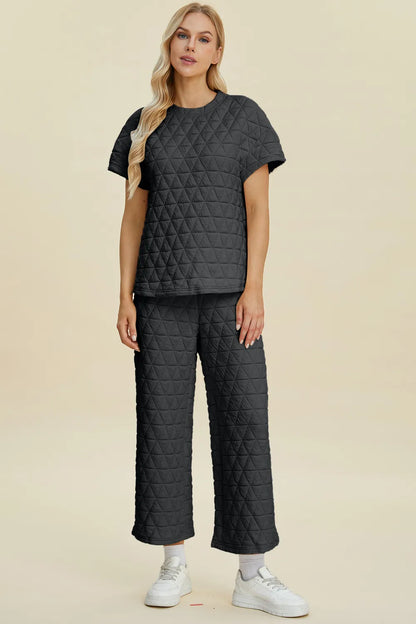 Double Take Full Size Texture Round Neck Short Sleeve Top and Pants Set - Farnelli
