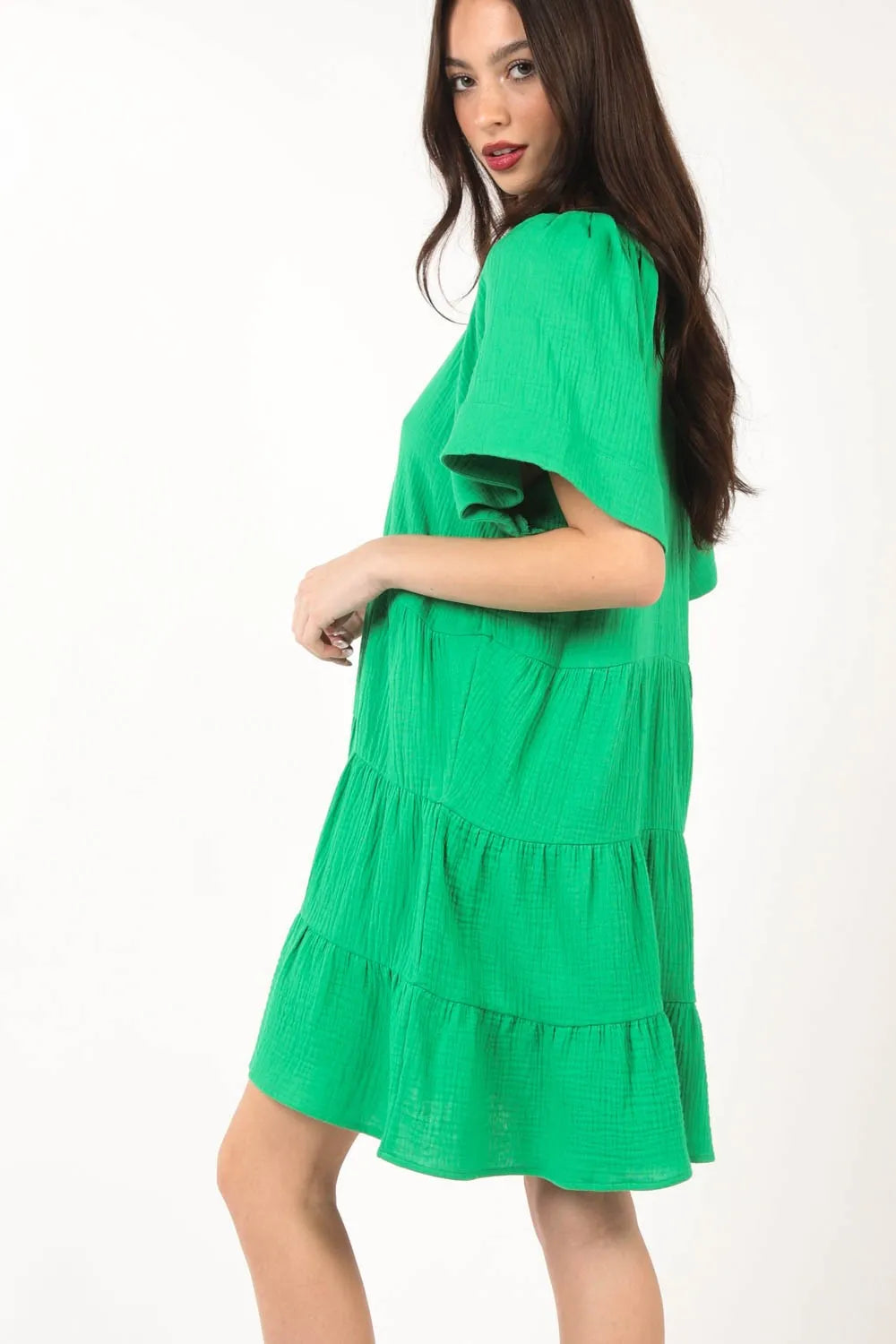 VERY J Texture V-Neck Ruffled Tiered Dress - Farnelli