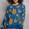 POL Floral Pattern Round Neck Balloon Sleeve Sweater - LAPIS BLUE