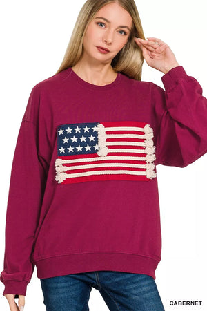 Zenana French Terry American Flag Pullover - Farnelli