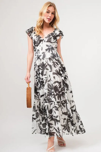 And The Why Ruffled Sleeve Tiered Floral Print Maxi Dress - Farnelli