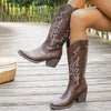 Western Embroidered Mid-Calf Boots - Brown