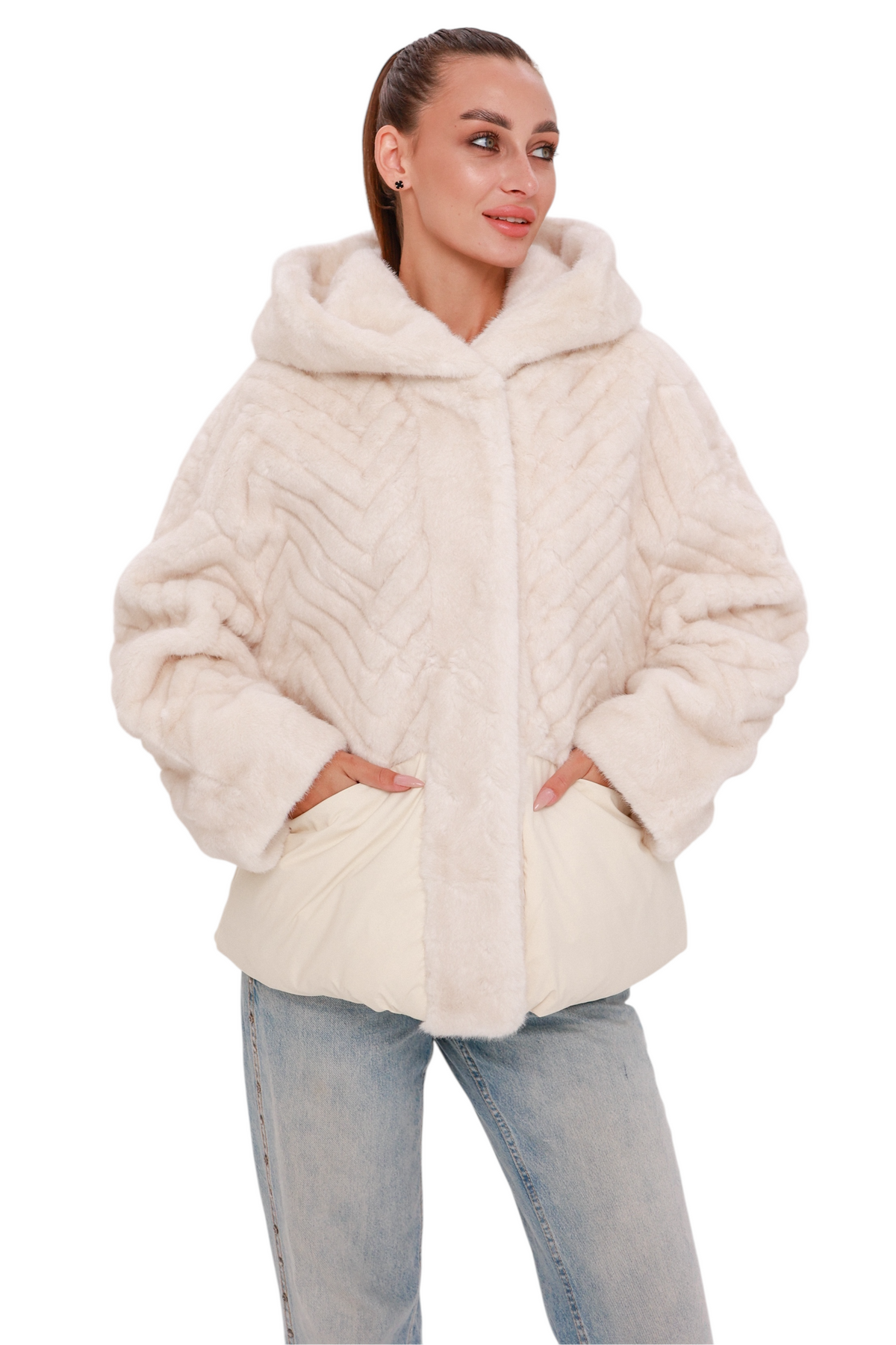 Alaska® Montana Eco-Fur down fill coat in ivory, showcasing a warm winter coat with eco-friendly fur trim and down insulation.