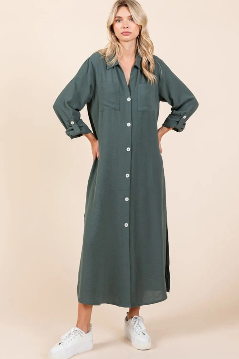Mittoshop Airflow V-Neck Long Sleeve Button Down Maxi Dress - Farnelli
