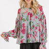 Mittoshop Floral Round Neck Flounce Sleeve Blouse - Light Blue