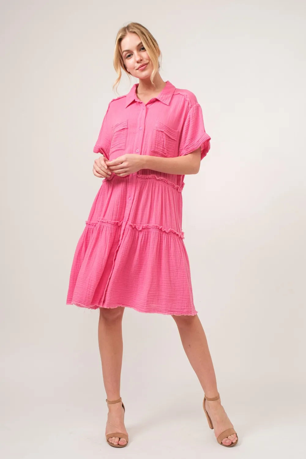 And The Why Full Size Raw Edge Washed Tiered Shirt Dress - Farnelli