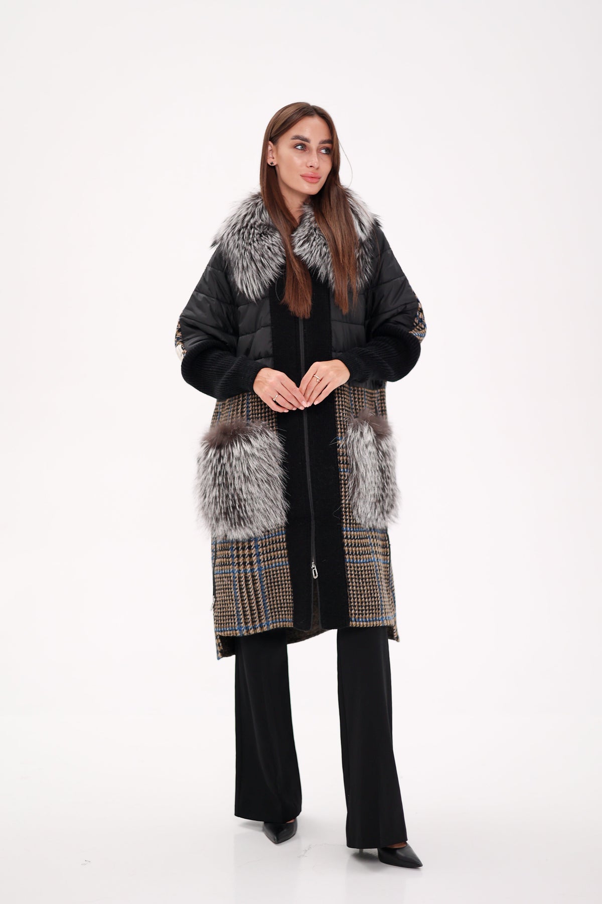 Saga®Furs silver fox wool cashmere coat by Alaska® Outerwear Company, showcasing its luxurious textured design