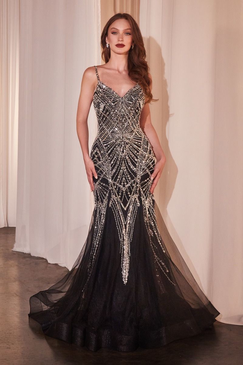Embellished Black Mermaid Dress - Farnelli