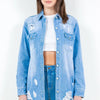American Bazi Frayed Hem Distressed Denim Shirt Jacket - Light Blue