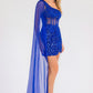 Juliet JT937R Dress One Shoulder Cape Sleeve Cocktail Sequin Gown